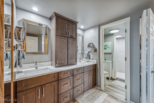 bathroom with hardwood / wood-style flooring, vanity, toilet, and a shower