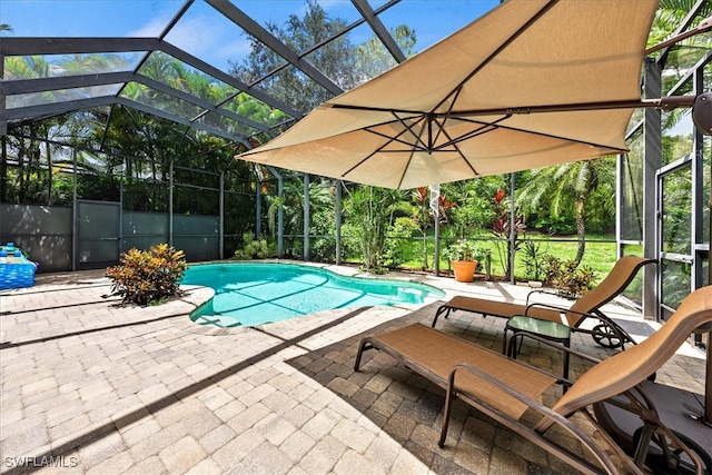 view of pool with a lanai and a patio