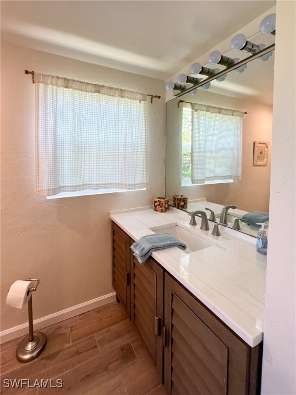 bathroom with hardwood / wood-style flooring and vanity