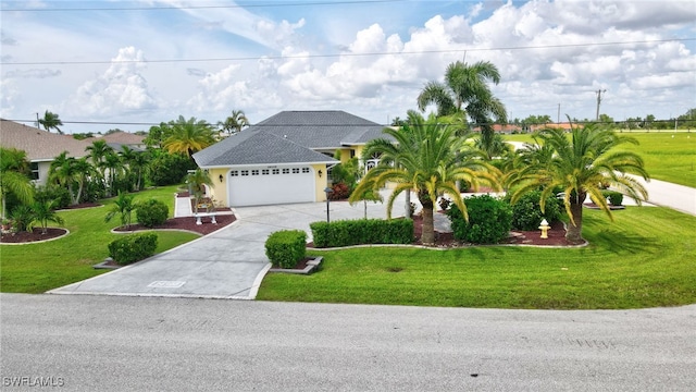 view of front of home with a garage and a front lawn