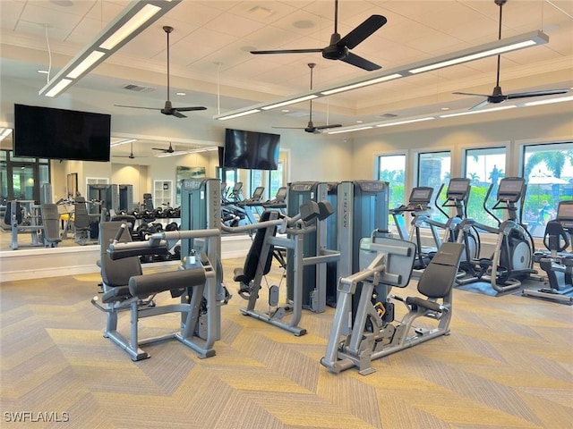 gym with light carpet, ceiling fan, and crown molding