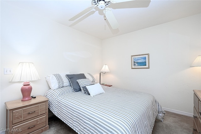 bedroom with ceiling fan and dark carpet