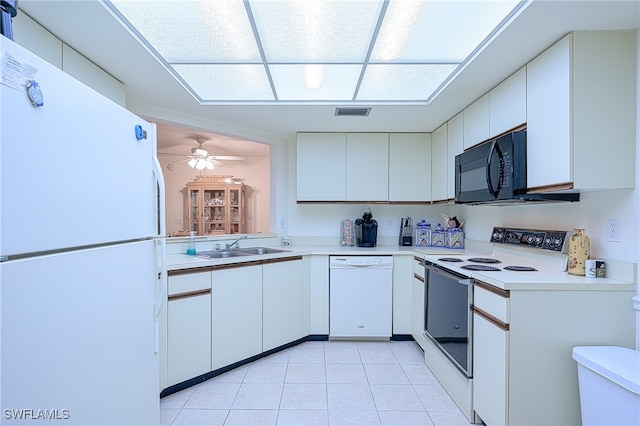 kitchen featuring sink, white cabinets, white appliances, and ceiling fan