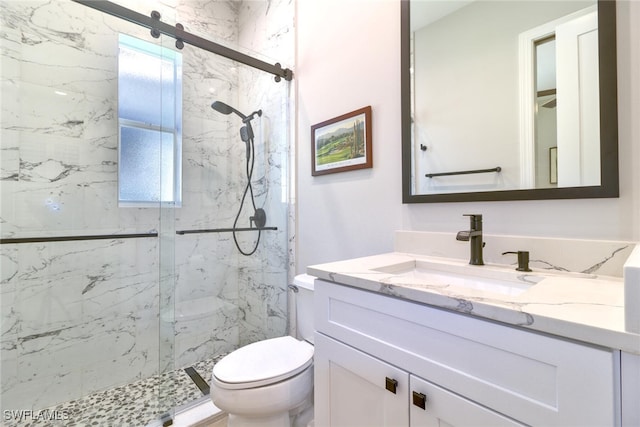 bathroom with vanity, a shower with door, and toilet