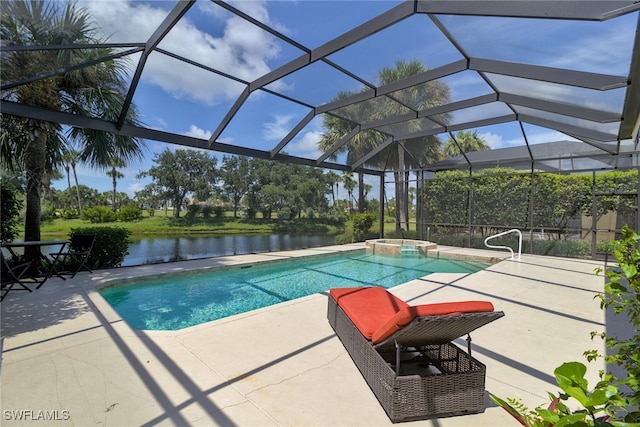 view of swimming pool with a lanai, a patio area, an in ground hot tub, and a water view