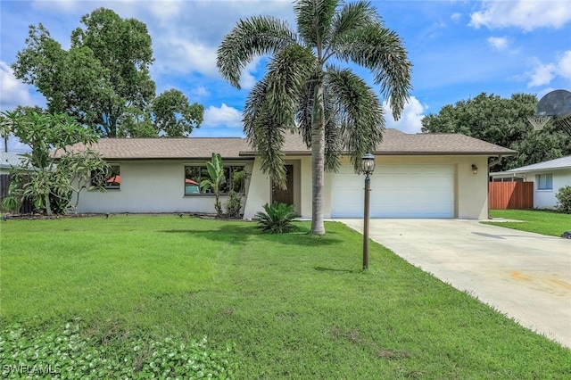 ranch-style house featuring a front yard and a garage