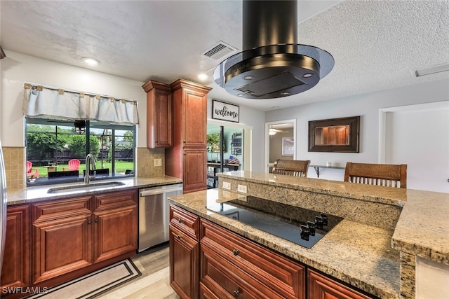 kitchen with backsplash, dishwasher, black electric cooktop, and sink