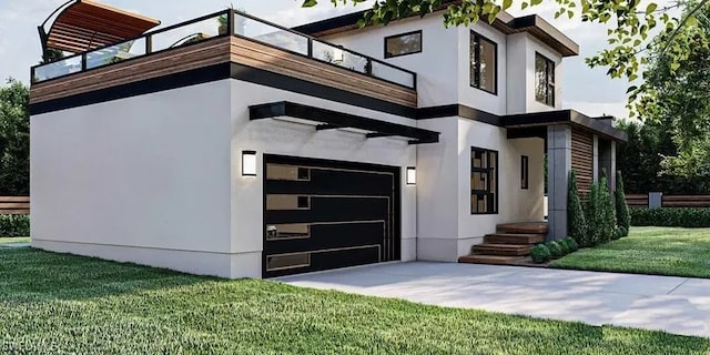 view of front facade with a front lawn, a garage, and a balcony