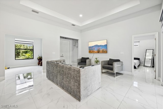 living room with a tray ceiling