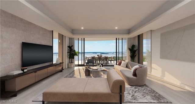 living room featuring a healthy amount of sunlight, a raised ceiling, and expansive windows