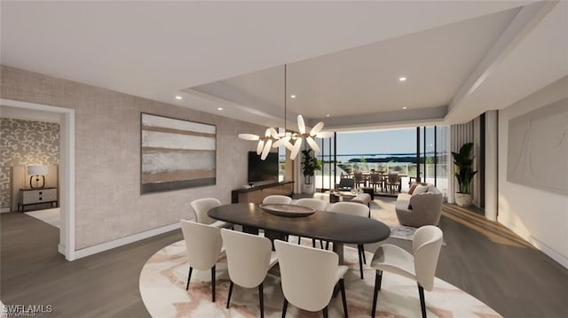 dining area featuring a tray ceiling, wood finished floors, floor to ceiling windows, wallpapered walls, and a chandelier