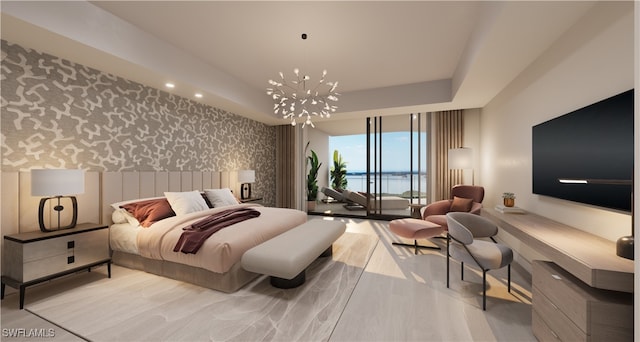 bedroom with a wall of windows, wallpapered walls, access to exterior, an accent wall, and a raised ceiling