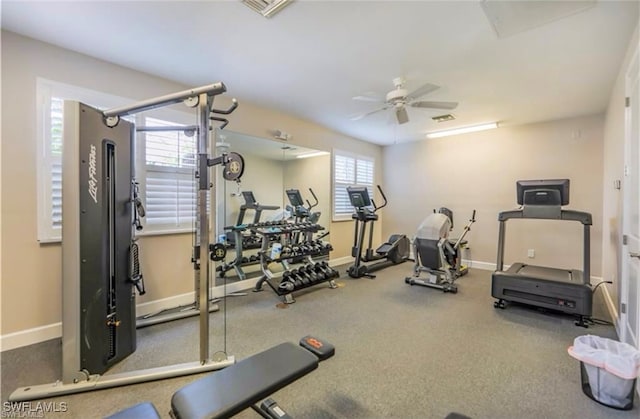 exercise room featuring plenty of natural light and ceiling fan