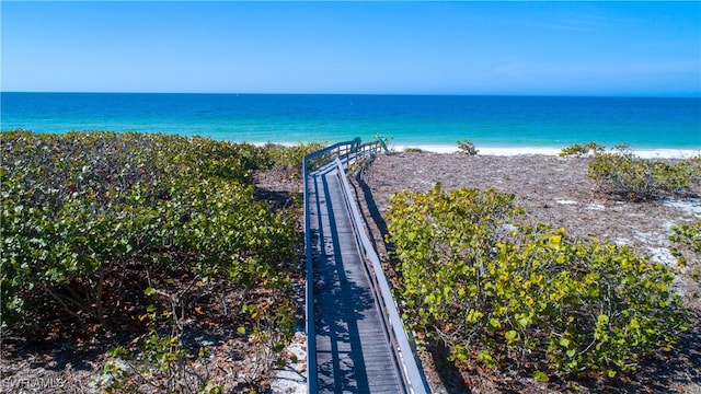 view of water feature with a beach view