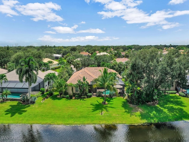 drone / aerial view featuring a water view