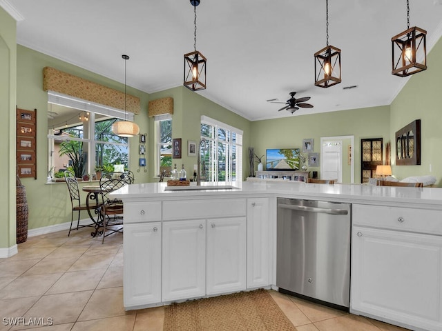 kitchen featuring white cabinetry, dishwasher, ceiling fan, and decorative light fixtures