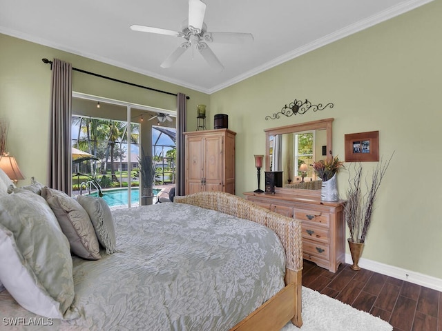 bedroom with multiple windows, access to outside, dark hardwood / wood-style flooring, and ceiling fan