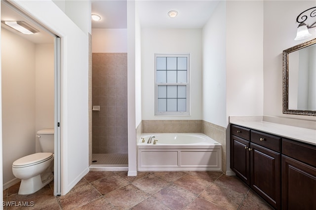 full bathroom with vanity, toilet, and plus walk in shower