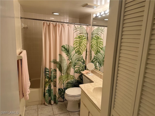 full bathroom featuring shower / bath combination with curtain, tile patterned flooring, toilet, and vanity