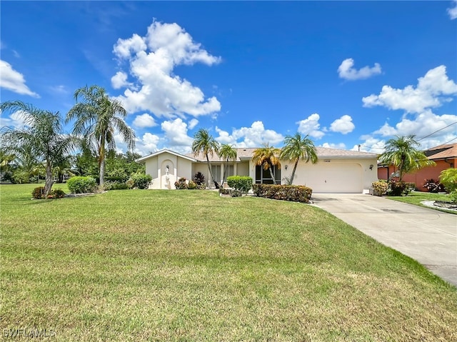 single story home with a front lawn and a garage