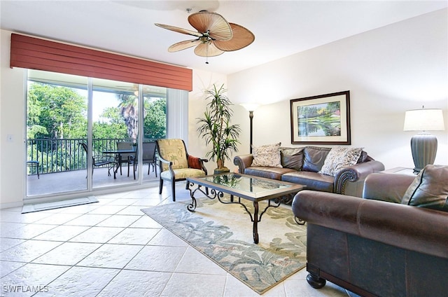 tiled living room with ceiling fan