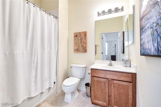 full bathroom featuring tile patterned floors, shower / bath combo, toilet, and vanity