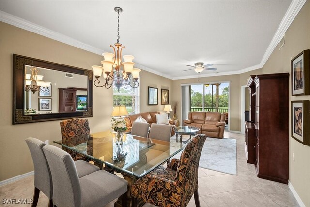 dining room featuring ceiling fan with notable chandelier, light tile patterned floors, and crown molding