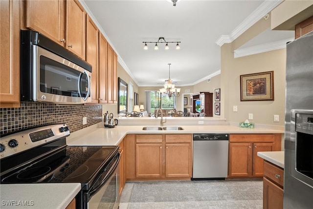 kitchen with appliances with stainless steel finishes, a notable chandelier, sink, decorative backsplash, and ornamental molding