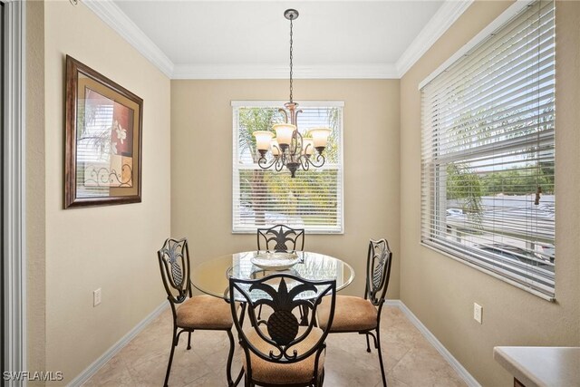 tiled dining area with ornamental molding and a chandelier