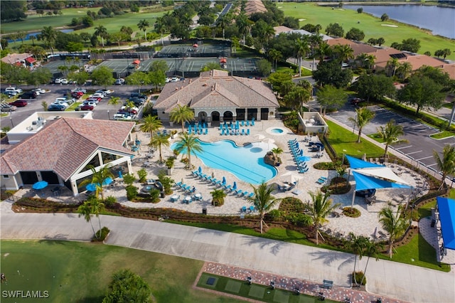 drone / aerial view with a water view