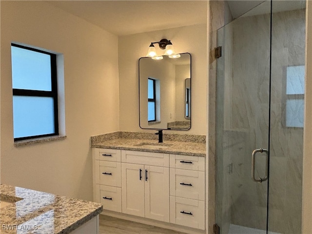 bathroom with a shower with shower door, hardwood / wood-style floors, plenty of natural light, and vanity