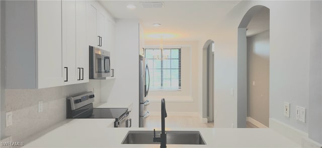 kitchen featuring appliances with stainless steel finishes, decorative backsplash, white cabinetry, pendant lighting, and sink