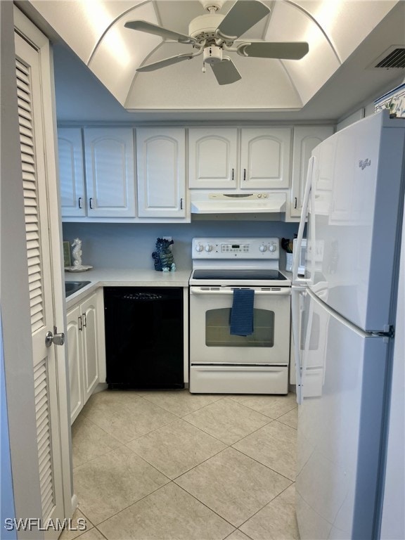 kitchen with white cabinets, ceiling fan, light tile patterned floors, and white appliances