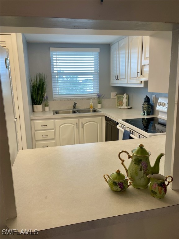 325 Charlemagne Blvd Unit B208, Naples, FL 34112 - kitchen with white electric range, a sink, white cabinets, light countertops, and dishwasher