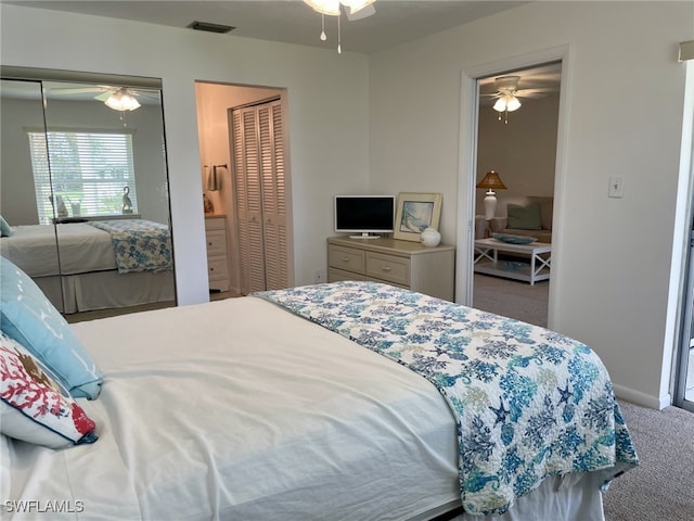 carpeted bedroom featuring ceiling fan