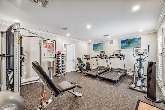 exercise room with ornamental molding