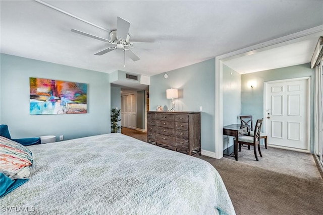 carpeted bedroom with ceiling fan