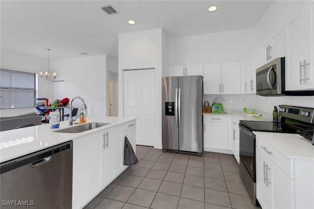 kitchen featuring appliances with stainless steel finishes, white cabinetry, a notable chandelier, sink, and pendant lighting