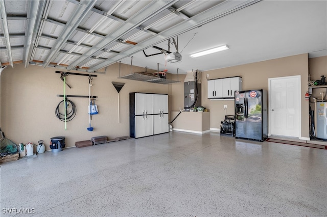 garage with heating unit, a garage door opener, stainless steel fridge with ice dispenser, and electric water heater