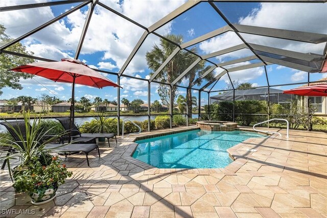 view of pool featuring a lanai, a water view, an in ground hot tub, and a patio area