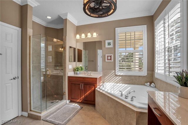 bathroom featuring crown molding, tile patterned flooring, vanity, and plus walk in shower