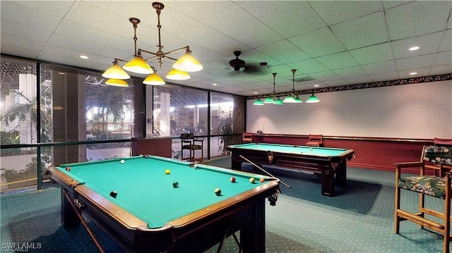 rec room featuring billiards, a drop ceiling, and carpet flooring