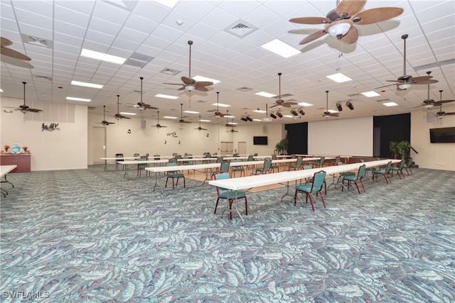 miscellaneous room with ceiling fan and carpet floors