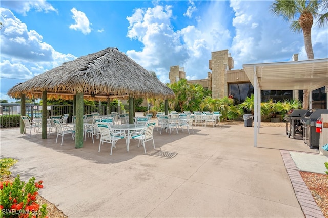 view of community featuring a gazebo and a patio area