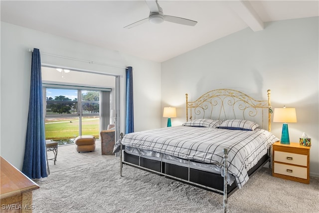 bedroom featuring vaulted ceiling with beams, ceiling fan, and carpet floors