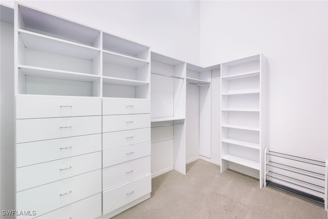 walk in closet featuring light colored carpet