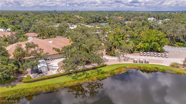 bird's eye view with a water view and a wooded view