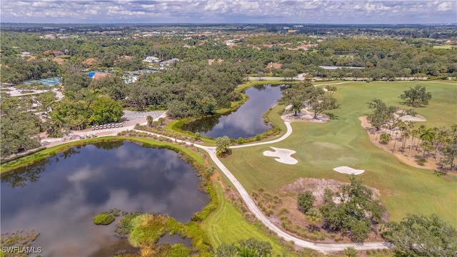 aerial view with a water view and golf course view