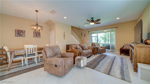 living area featuring recessed lighting, visible vents, stairway, and light tile patterned floors