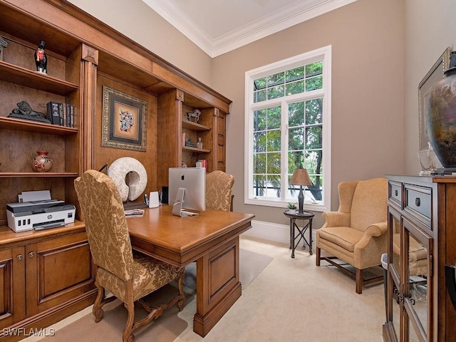 office space with ornamental molding and light colored carpet